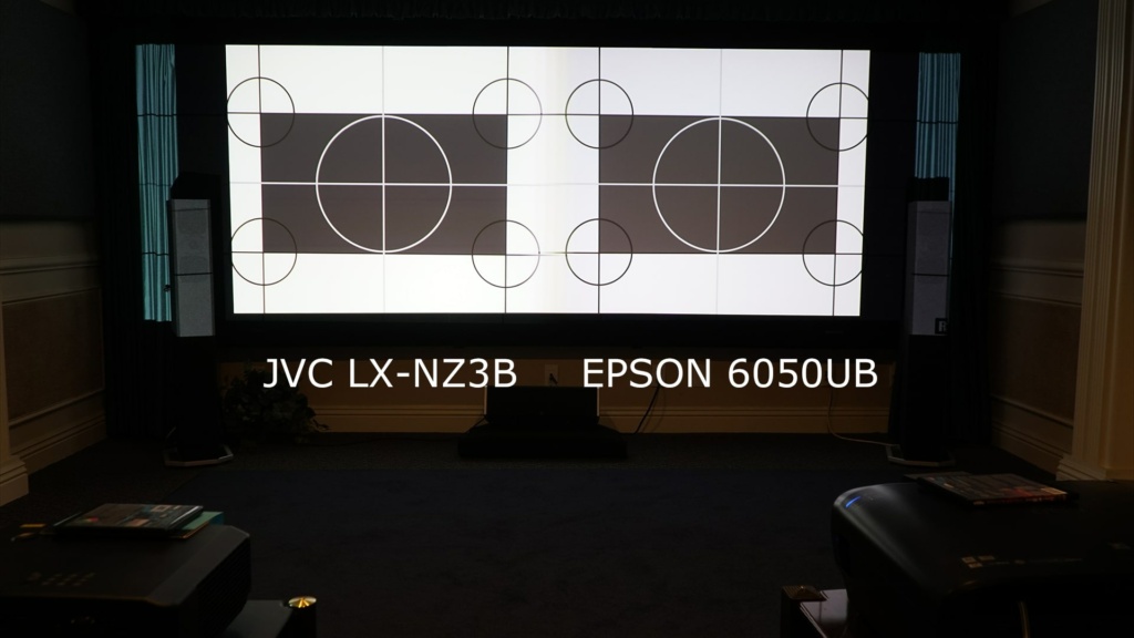 Both projectors set up side-by-side in our demonstration room so we can simultaneously see both images with the over-lapping of image in the middle blocked on each projector.