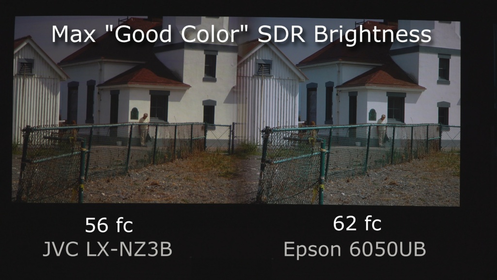 Here, the JVC is in the “Variable High Natural” mode, and the Epson in “Bright Cinema High” mode. They are very close in brightness and both have good color (but slightly different); white temperatures are slightly different without calibration in the SDR mode. The Epson is a little more blue (cool) and the JVC is a little more yellow (warm).
