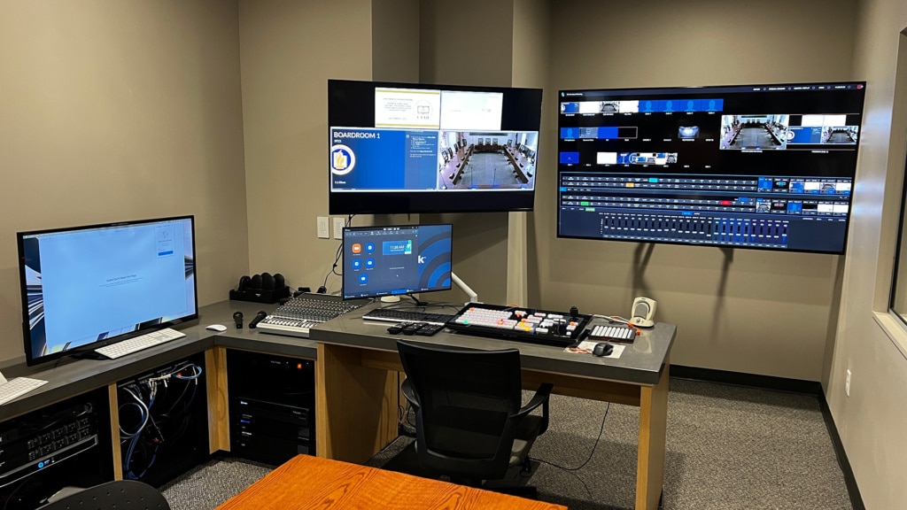 Utah State Board of Education production control room with networked video switching, streaming, and monitoring displays